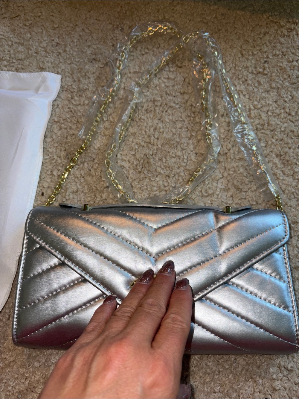 Silver Quilted Chain-Handle Crossbody Bag Women with dust bag designer inspired